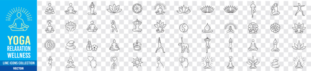 Meditation Practice Yoga and Zen icons set. Relaxation Inner Peace Self-knowledge Inner Concentration Editable Stroke Line icons collection Vector.