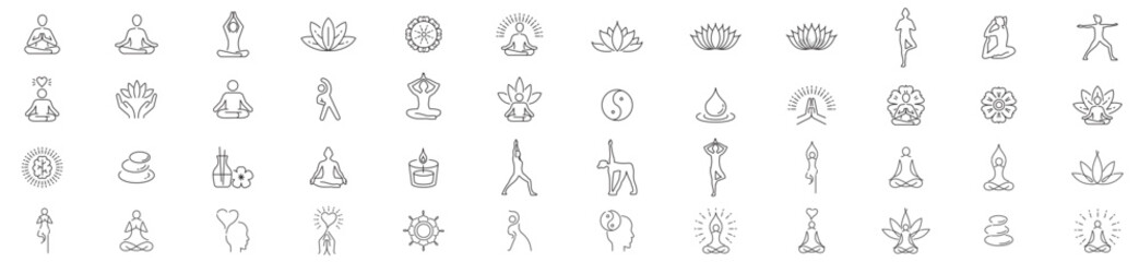 Meditation Practice Yoga and Zen icons set. Relaxation Inner Peace Self-knowledge Inner Concentration Editable Stroke Line icons collection Vector. - obrazy, fototapety, plakaty
