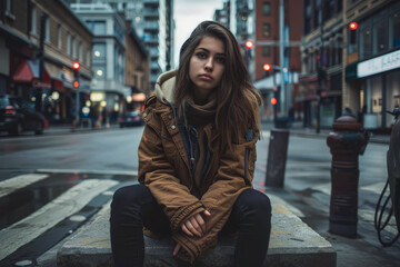 Fototapeta premium Young woman walking down the streets of a busy city.