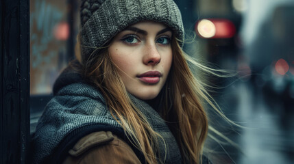 Young woman walking down the streets of a busy city.