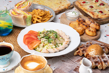 Chicken breast, salad, pizza, gorgonzola, margarita, club, sandwich, sole, waffle, croissant, potato, fried, ade, grapefruit, lemon, blueberry, latte, americano, chocolate, handmade