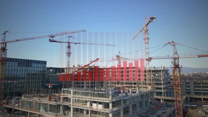 Construction crane site with progress graphs and data visualization. 3D render - Powered by Adobe