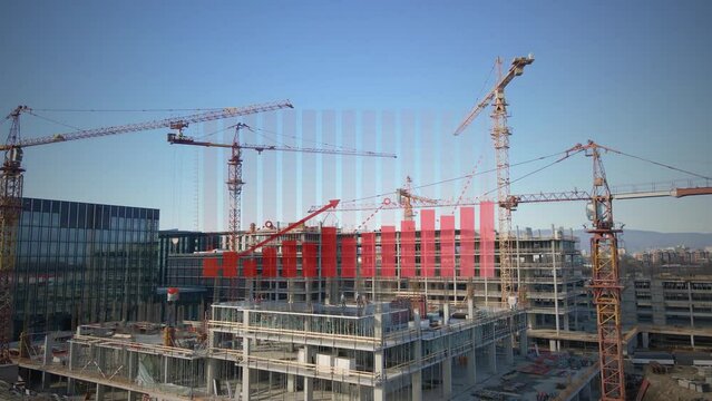Construction crane site with progress graphs and data visualization. 3D render