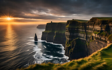 Dramatic Cliffs of Moher at sunset, rugged coast, powerful waves, wild, untouched beauty