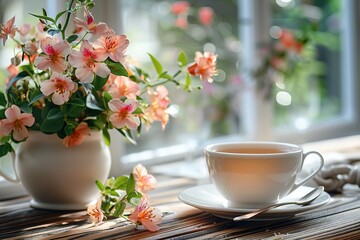 A serene scene unfolds on a wooden table, featuring a comforting cup of tea accompanied by a delicate vase of flowers and a gleaming tea spoon, inviting moments of tranquility and relaxation.