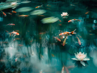 Vivid image of koi fish swimming in a tranquil pond with water lilies, reflecting peace and serenity in nature