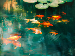 Vivid image of koi fish swimming in a tranquil pond with water lilies, reflecting peace and serenity in nature