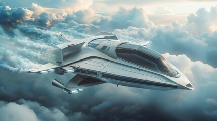 Futuristic Airplane Flying Through Clouds