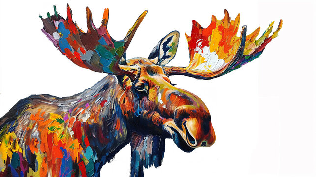 Moose in painted with oil paints on canvas Isolated on white background.