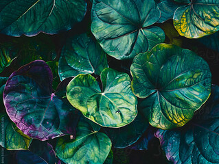 Vivid green tropical leaves with striking linear patterns and natural shine close-up