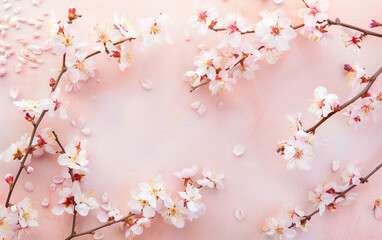 Sakura, cherry blossoms in full bloom on a pink background.