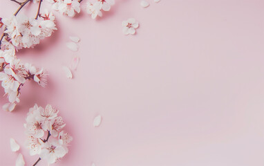 Sakura, cherry blossoms in full bloom on a pink background.