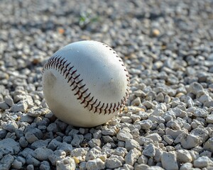 White leather baseball on pitchers mound, closeup, with detailed texture, under clear midday sun, emphasizing the sports essence - obrazy, fototapety, plakaty