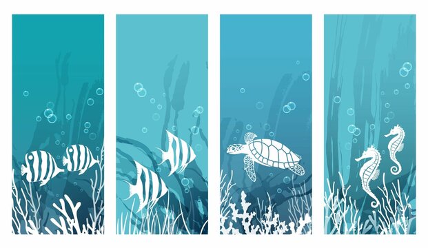Vector Undersea Creatures Card Set With Tropical Fishes Turtle Sea Horses Isolated Whit