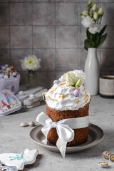 Easter cake decorated with meringue and chocolate eggs