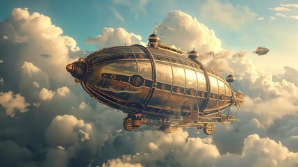 A whimsical steampunk airship soaring through a cloudy sky  AI generated illustration