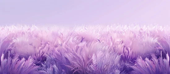 Tuinposter A natural landscape filled with violet grass and a purple sky in the background, creating a surreal scene of purple petals and flowering plants © AkuAku