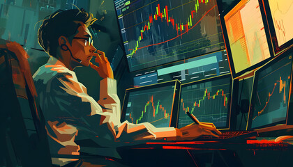 Icon of a stock trader monitoring the market when suddenly you notice a sharp increase in a parti...