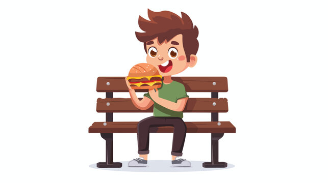 Cartoon little boy eating hamburger on bench flat vector