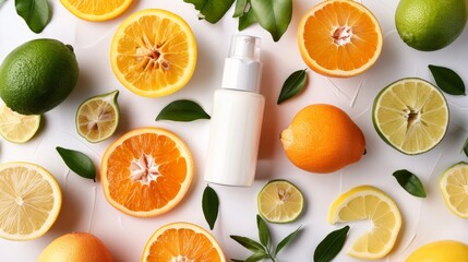 Aesthetic blend of citrus fruits and a bottle of face cream  AI generated illustration