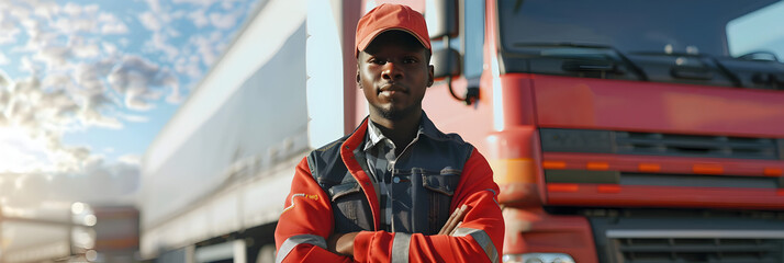Front view Young african truck driver is with his vehicle at daytime, Trucking Life: Front View of Young African Truck Driver and Truck in Daylight - obrazy, fototapety, plakaty