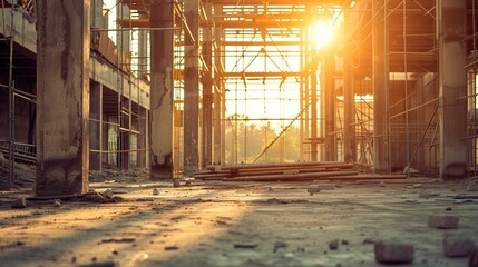Sunset light streaming through an unfinished building, highlighting construction beams and scattered debris on the floor.