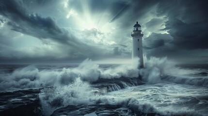 An abandoned lighthouse standing tall against crashing waves and stormy skies  AI generated illustration - obrazy, fototapety, plakaty