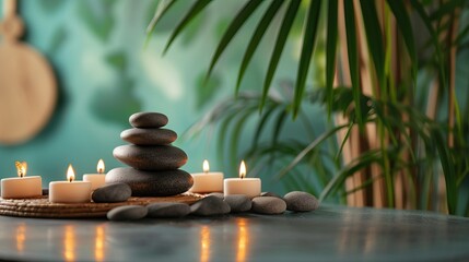 Zen stones and candles on a table with a blurred green background, creating a tranquil spa atmosphere.