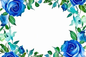 Blue watercolor roses and green leaves, on a white background, copy space