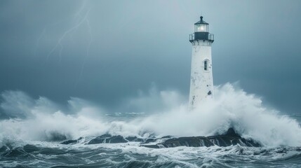 An abandoned lighthouse standing tall against crashing waves and stormy skies  AI generated illustration