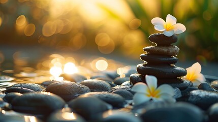 Zen stones stack with frangipani flowers on pebbles at sunset with bokeh lights.