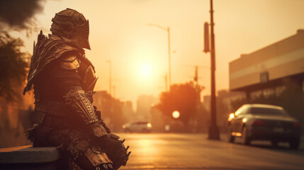 sunset at the city with Plate Armor