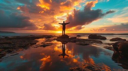 Silhouette of a person with arms outstretched on the beach at sunset, with vibrant sky reflection on water. - obrazy, fototapety, plakaty