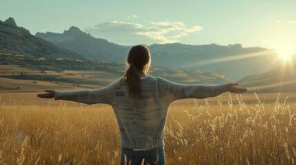 Woman with open arms in a field at sunset, mountains in the background.