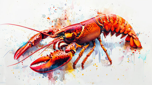 Lobster in painted on canvas Isolated on white background.