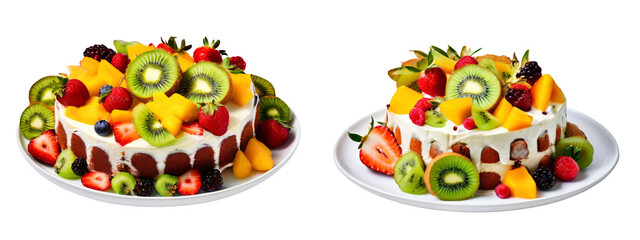Sponge cake with kiwi, berries and strawberries, isolated on transparent background