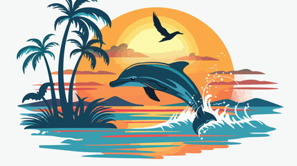Fototapeta na wymiar Photo of dolphin sunset palm trees and sea in summer