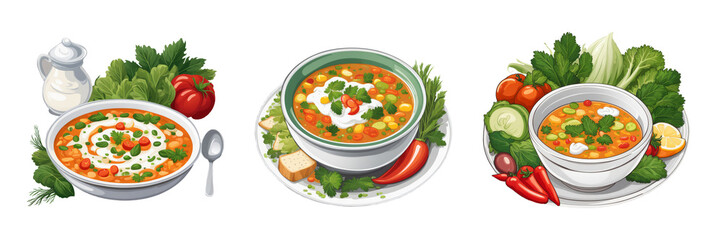 Minestrone vegetable soup with sour cream and herbs, isolated on transparent background