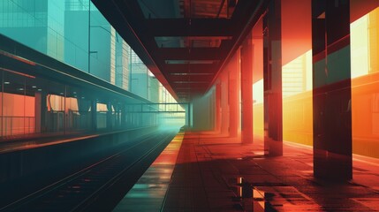 An abstract representation of a train station  AI generated illustration - obrazy, fototapety, plakaty