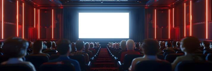 Movie theater blank screen mock up modern cinema with people on red seats template, Modern Cinema Mockup: Blank Screen with Audience on Red Seats - obrazy, fototapety, plakaty