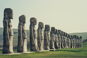 A line of ancient moai statues with a grassy field backdrop suggesting historical and cultural themes.