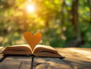 Tuinposter A book with a heart cut out of it is open on a wooden table © siriwan