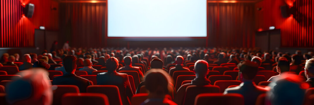 Movie or theater auditorium with rows of red seats and blank screen, Film Watching: Blank Screen and Red Seat Rows in Auditorium