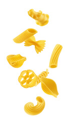 Falling uncooked Italian Pasta, isolated on white background, full depth of field