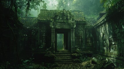 Fototapeta na wymiar An ancient temple hidden deep in the jungle AI generated illustration