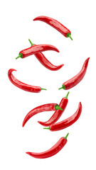 Falling red hot chili peppers isolated on white background - obrazy, fototapety, plakaty