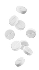 Falling Pills isolated on white background, full depth of field