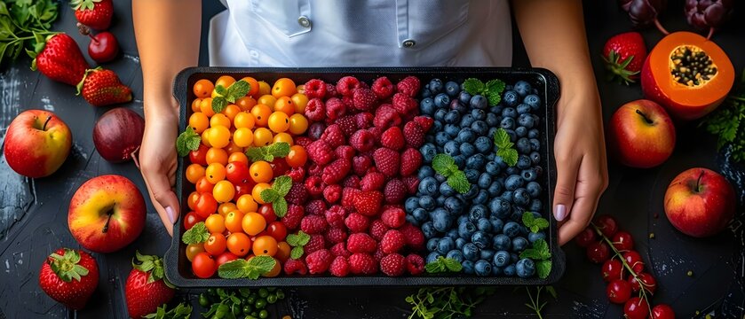 Dietitian organizing colorcoded fruit chart for nutritional guidance and meal planning. Concept Nutrition, Fruit, Color Coding, Meal planning, Dietitian