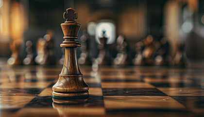 A single king chess piece stands on a wooden board, with other blurred pieces in the background.