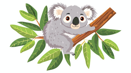 Koala Bear On Wood Branch With Green Leaves